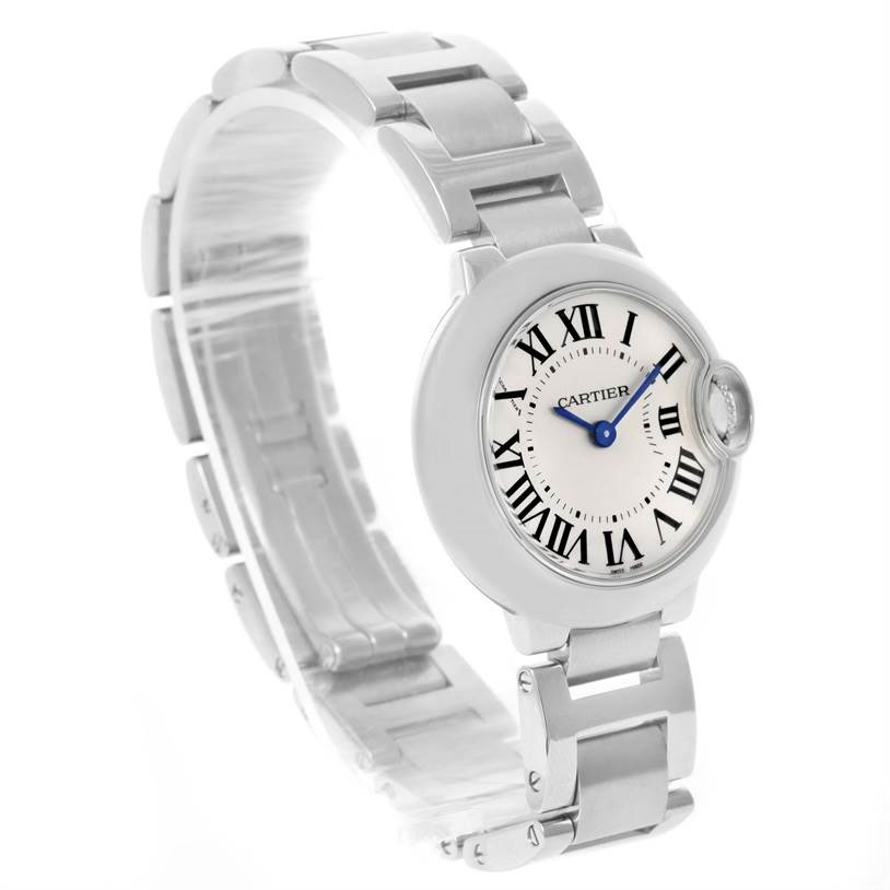The image shows a side view of a Cartier Ballon Bleu W69010Z4 Women
s Stainless Steel Silver Dial W69010Z4 Women
s Stainless Steel Silver Dial watch, highlighting its face, bezel, and metal bracelet.