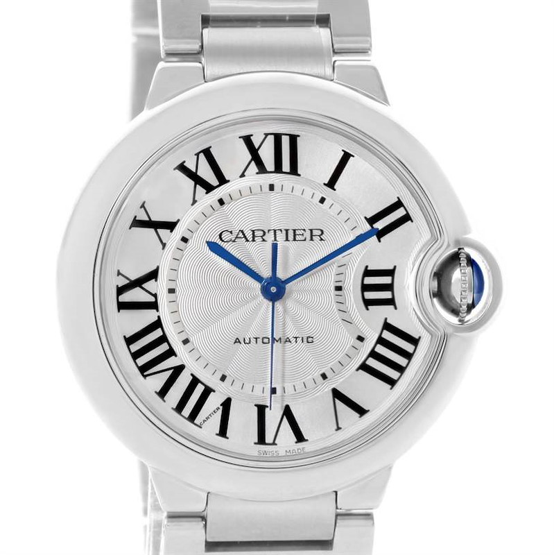 The image shows a close-up of the dial and upper part of the bracelet of the Cartier Ballon Bleu watch.