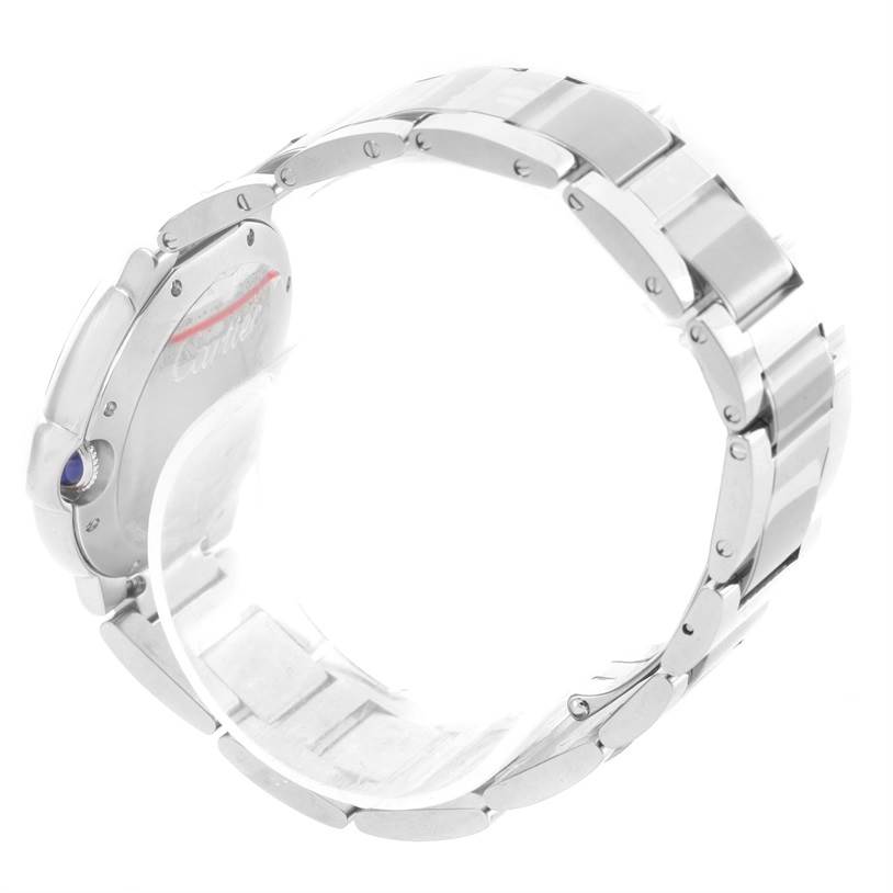 The image shows the side view of the bracelet and case back of the Cartier Ballon Bleu W6920046 Women
s Stainless Steel Silver Dial W6920046 Women
s Stainless Steel Silver Dial watch, focusing on its linked band and crown.