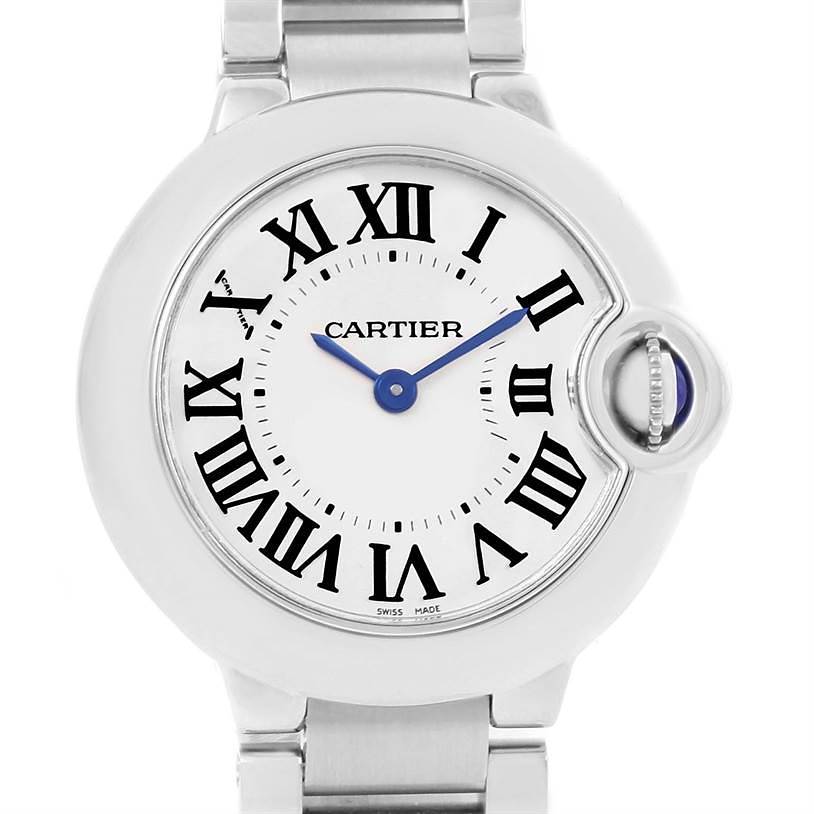 The image shows a front view of the Cartier Ballon Bleu watch, highlighting its dial, Roman numerals, hands, and crown.