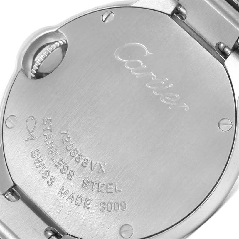 The image shows the back case of a Cartier Ballon Bleu W69010Z4 Women
s Stainless Steel Silver Dial W69010Z4 Women
s Stainless Steel Silver Dial watch, highlighting the brand engraving and model details.