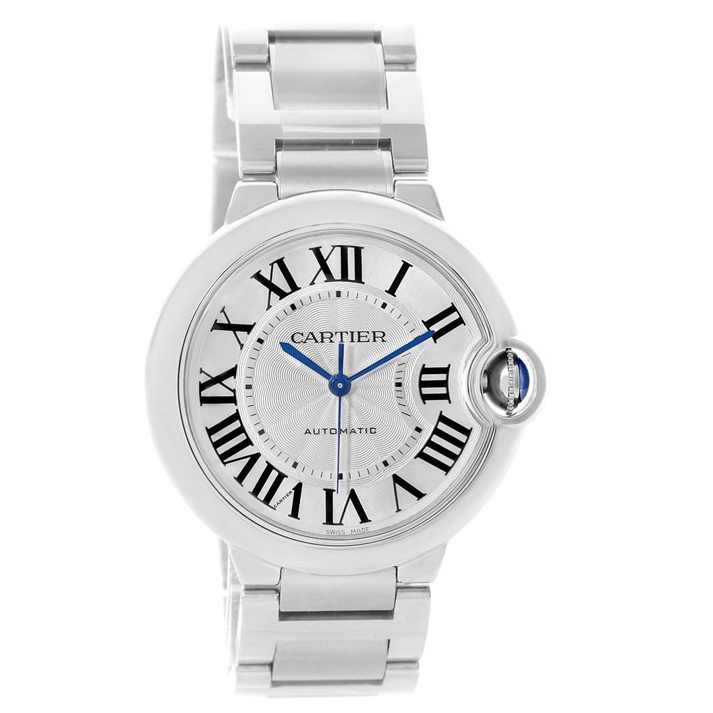 This Cartier Ballon Bleu W6920046 Women
s Stainless Steel Silver Dial W6920046 Women
s Stainless Steel Silver Dial watch is shown from the front, displaying its face, Roman numerals, and metal bracelet.