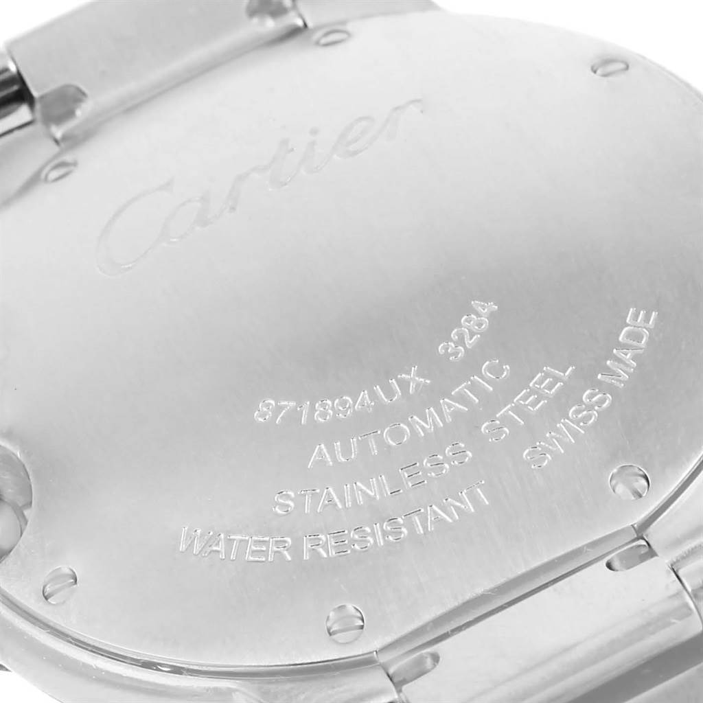 The image shows the back casing of the Cartier Ballon Bleu W6920046 Women
s Stainless Steel Silver Dial W6920046 Women
s Stainless Steel Silver Dial watch, highlighting engravings and details like material and water resistance.