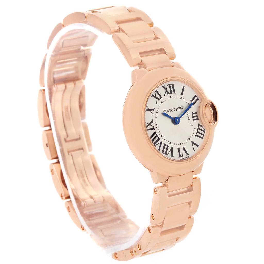 This image shows a Cartier Ballon Bleu W69002Z2 Women
s Rose Gold Silver Dial W69002Z2 Women
s Rose Gold Silver Dial watch at a three-quarter angle, clearly displaying the band, face, and crown.