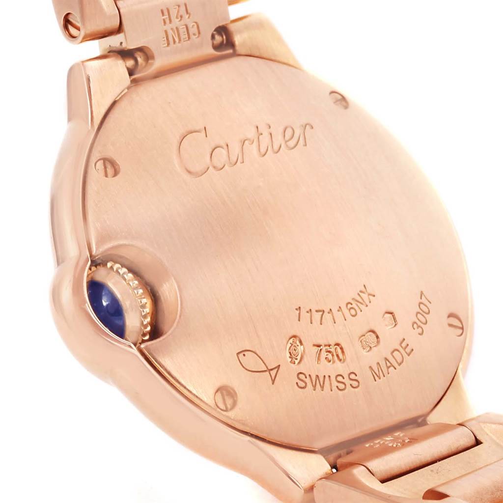 The image shows the back case and crown of a Cartier Ballon Bleu W69002Z2 Women
s Rose Gold Silver Dial W69002Z2 Women
s Rose Gold Silver Dial watch.