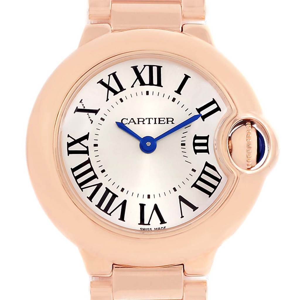 This image shows a close-up view of the dial, face, and part of the band of the Cartier Ballon Bleu W69002Z2 Women
s Rose Gold Silver Dial W69002Z2 Women
s Rose Gold Silver Dial watch.