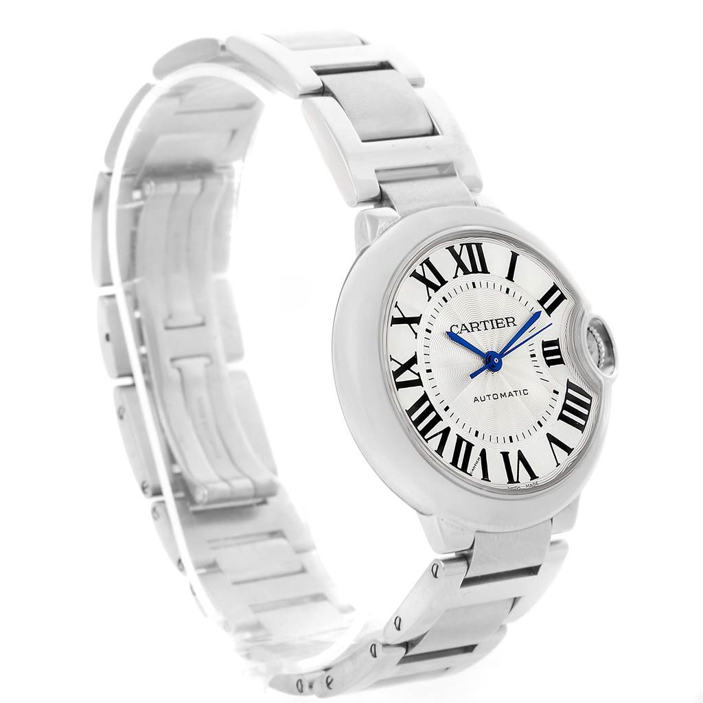 The image shows a Cartier Ballon Bleu W6920046 Men
s Stainless Steel Silver Dial W6920046 Men
s Stainless Steel Silver Dial watch at a slight angle, highlighting the face, blue hands, Roman numerals, and part of the silver bracelet.