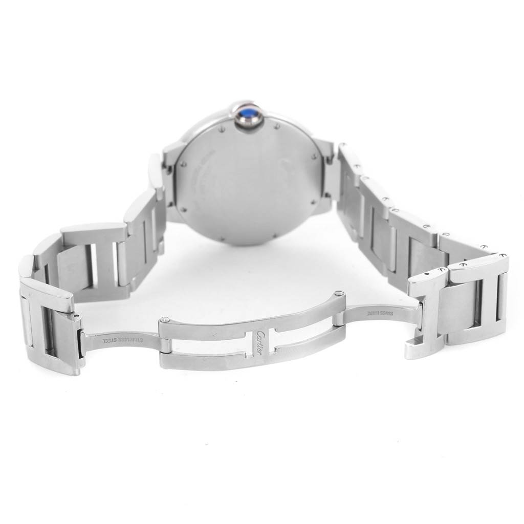 This image shows the back and open bracelet of the Cartier Ballon Bleu W6920046 Men
s Stainless Steel Silver Dial W6920046 Men
s Stainless Steel Silver Dial watch, highlighting the clasp and bracelet links.