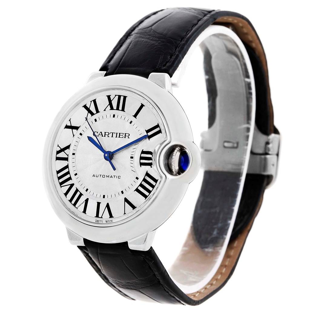 The image shows a front angle of the Cartier Ballon Bleu W69017Z4 Women
s Stainless Steel Silver Dial W69017Z4 Women
s Stainless Steel Silver Dial watch, highlighting its dial, hands, crown, and leather strap.