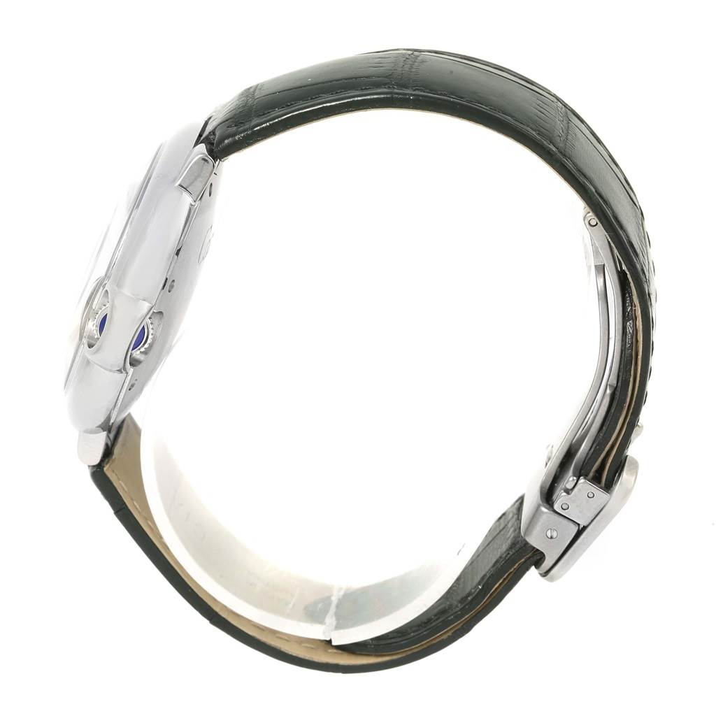 The image shows a side profile of the Cartier Ballon Bleu W69017Z4 Women
s Stainless Steel Silver Dial W69017Z4 Women
s Stainless Steel Silver Dial watch, highlighting the case and black leather strap.