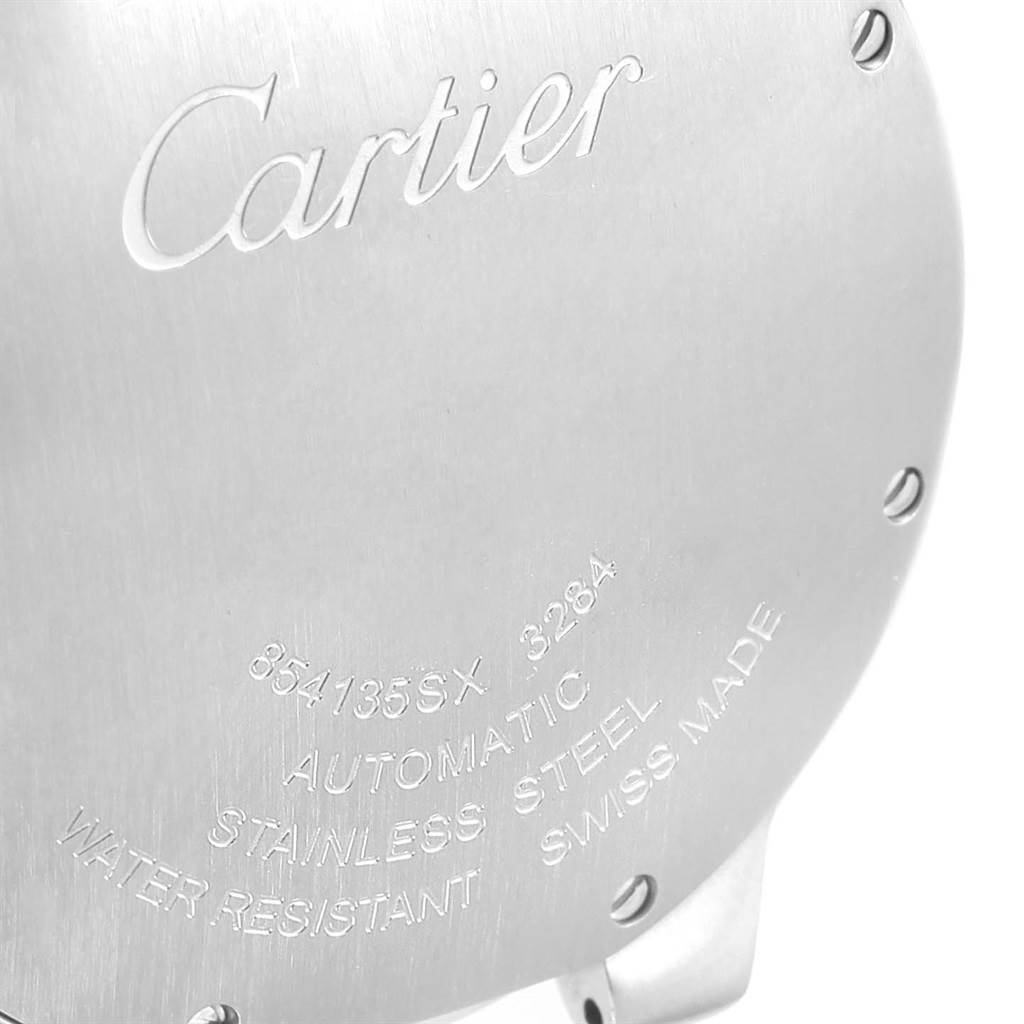 The image shows the back cover of a Cartier Ballon Bleu W69017Z4 Women
s Stainless Steel Silver Dial W69017Z4 Women
s Stainless Steel Silver Dial watch, highlighting its engraving and markings.