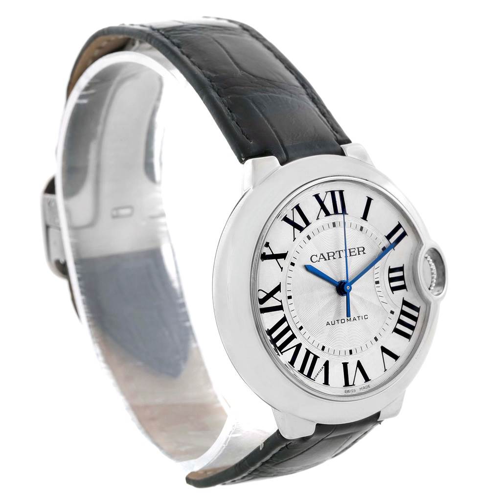 The image shows a side-angle view of the Cartier Ballon Bleu W69017Z4 Women
s Stainless Steel Silver Dial W69017Z4 Women
s Stainless Steel Silver Dial watch, highlighting its face, strap, and part of the crown.