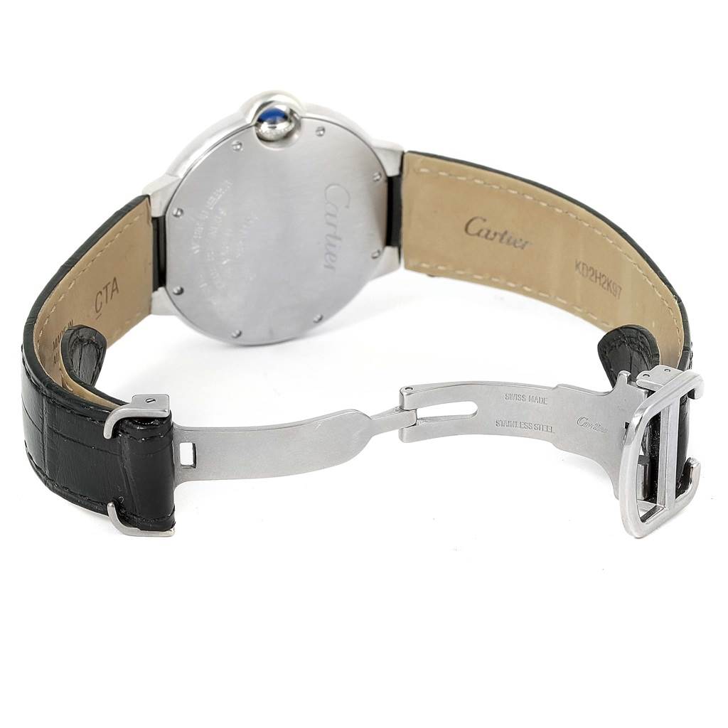 The image shows the back view of a Cartier Ballon Bleu W69017Z4 Women
s Stainless Steel Silver Dial W69017Z4 Women
s Stainless Steel Silver Dial watch, displaying its leather strap and deployment clasp.