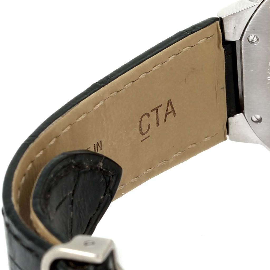 This image shows a close-up of the leather strap and part of the case back of a Cartier Ballon Bleu W69017Z4 Women
s Stainless Steel Silver Dial W69017Z4 Women
s Stainless Steel Silver Dial watch.