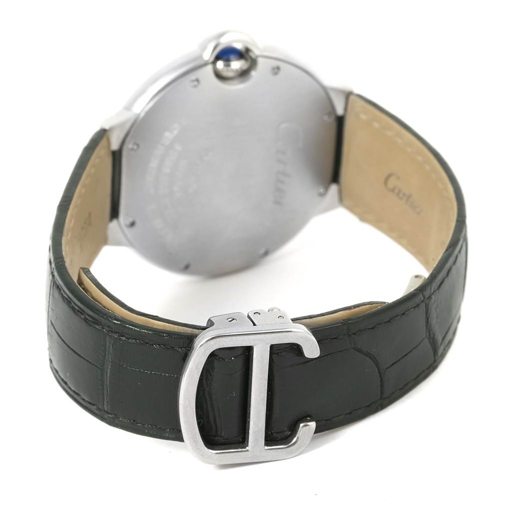 The image shows the back view of a Cartier Ballon Bleu W69017Z4 Women
s Stainless Steel Silver Dial W69017Z4 Women
s Stainless Steel Silver Dial watch, highlighting the leather strap and clasp.