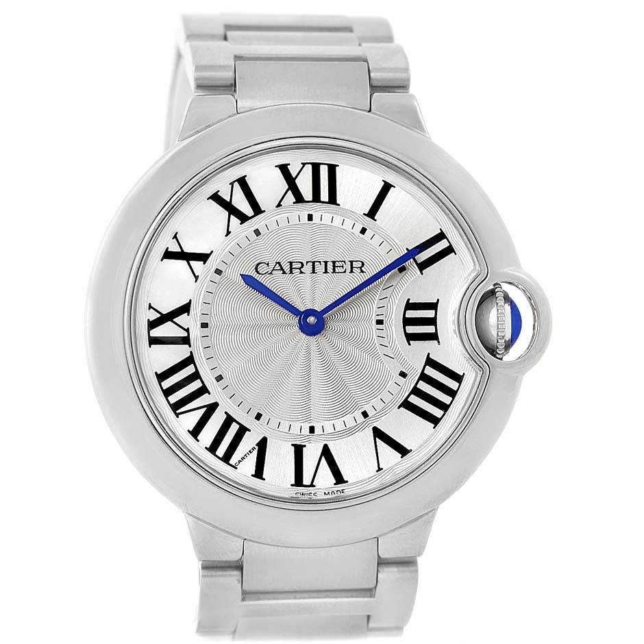 The image shows a front view of the Cartier Ballon Bleu W69011Z4 Women
s Stainless Steel Silver Dial W69011Z4 Women
s Stainless Steel Silver Dial watch, featuring its round dial, Roman numerals, and signature blue details.