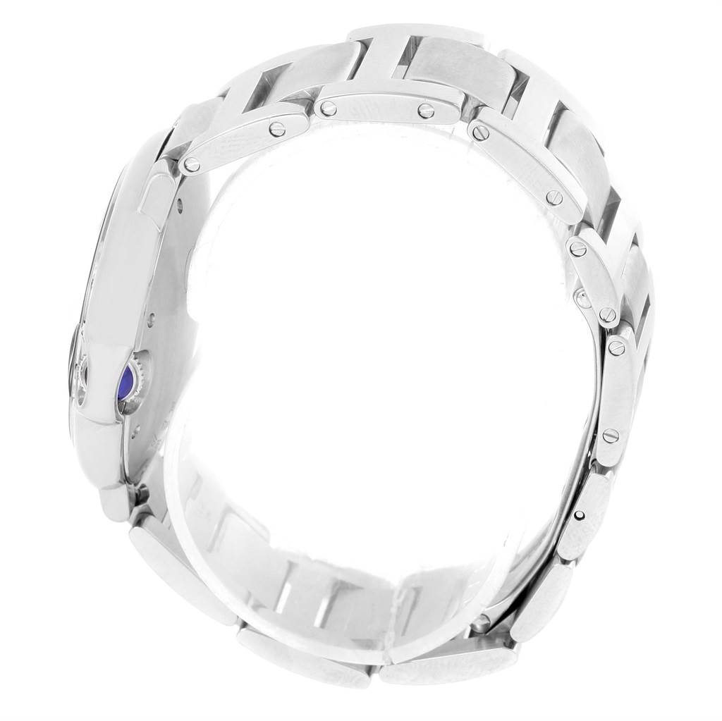 The image shows a side view of the bracelet and case of the Ballon Bleu model by Cartier.