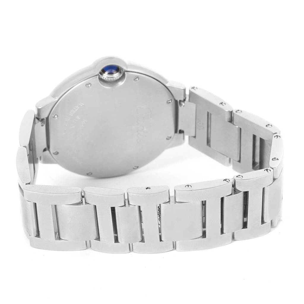 The image shows the back case and bracelet of a Cartier Ballon Bleu W69011Z4 Women
s Stainless Steel Silver Dial W69011Z4 Women
s Stainless Steel Silver Dial watch, highlighting the screw-down case back and links.