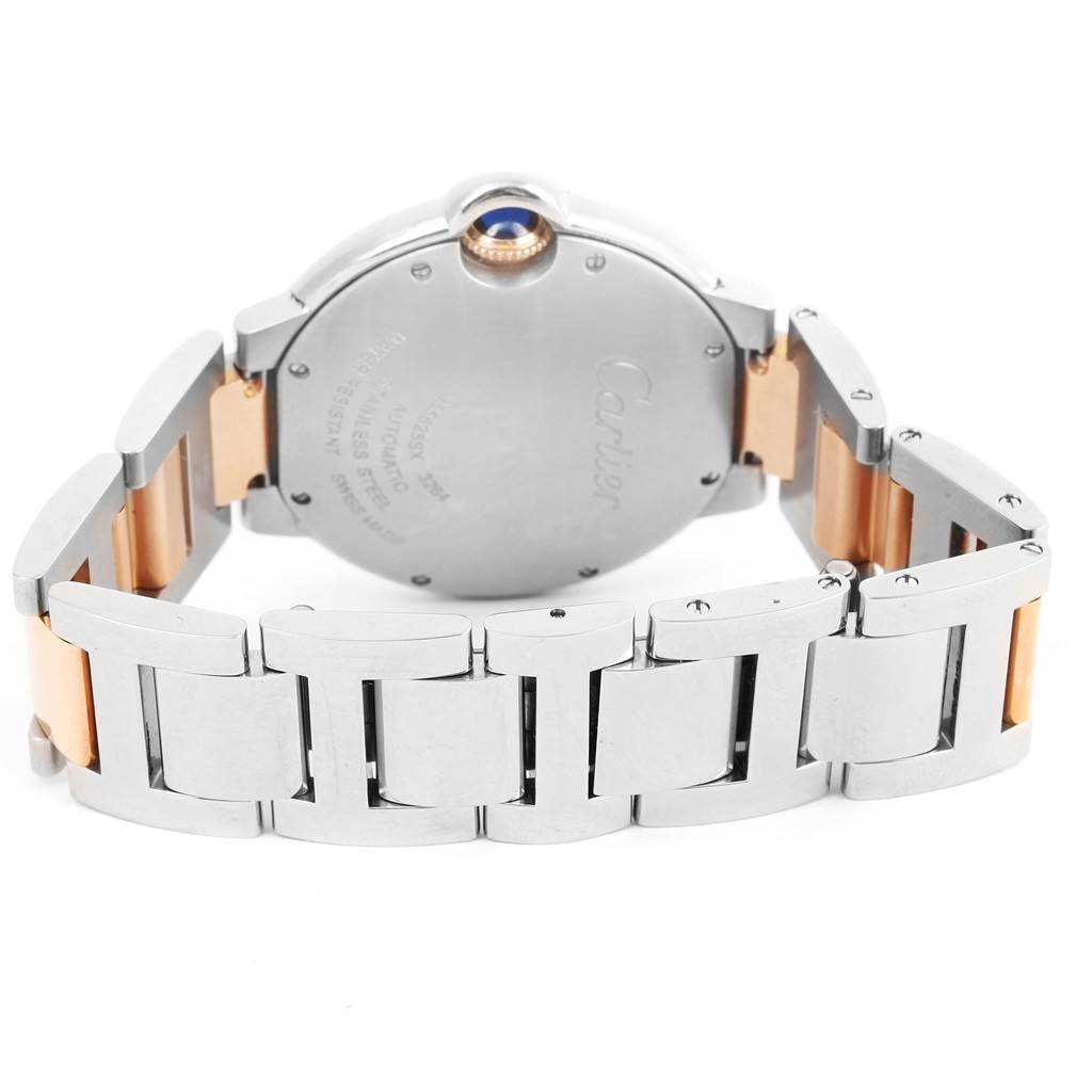 The image shows the back and bracelet of a Cartier Ballon Bleu W6920070 Women's Steel and Gold (two tone) Mother of Pearl Dial W6920070 Women's Steel and Gold (two tone) Mother of Pearl Dial watch, highlighting its metal links and case back.