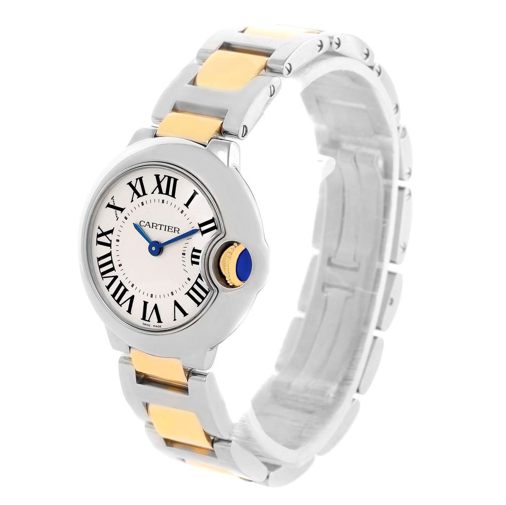 This image shows a Cartier Ballon Bleu W69007Z3 Women
s Stainless Steel Silver Dial W69007Z3 Women
s Stainless Steel Silver Dial watch at a three-quarter angle, highlighting its round face, Roman numerals, and two-tone bracelet.