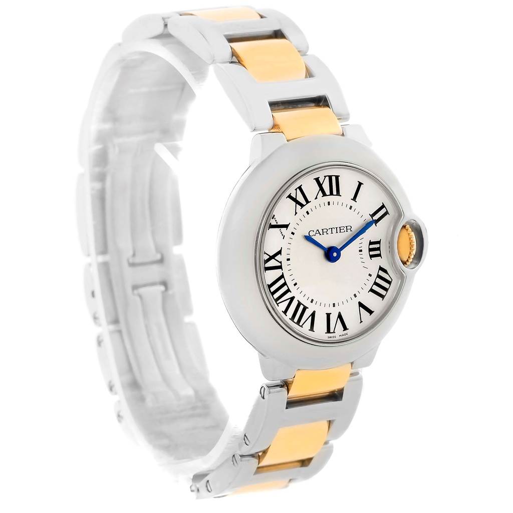The image shows a side and top view of a Cartier Ballon Bleu W69007Z3 Women
s Stainless Steel Silver Dial W69007Z3 Women
s Stainless Steel Silver Dial watch, featuring a two-tone metal bracelet and Roman numeral dial.