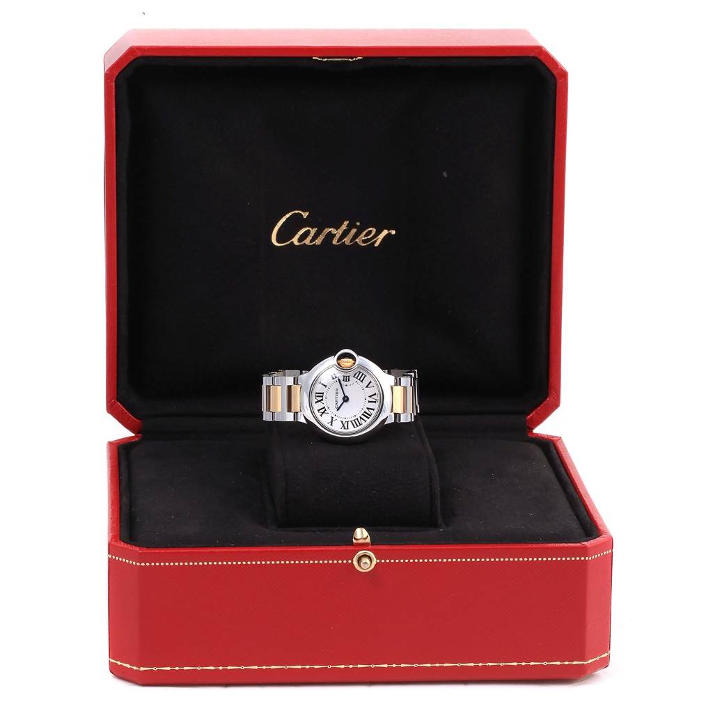 The image shows a Cartier Ballon Bleu W69007Z3 Women
s Stainless Steel Silver Dial W69007Z3 Women
s Stainless Steel Silver Dial watch displayed front-facing in an open Cartier box.