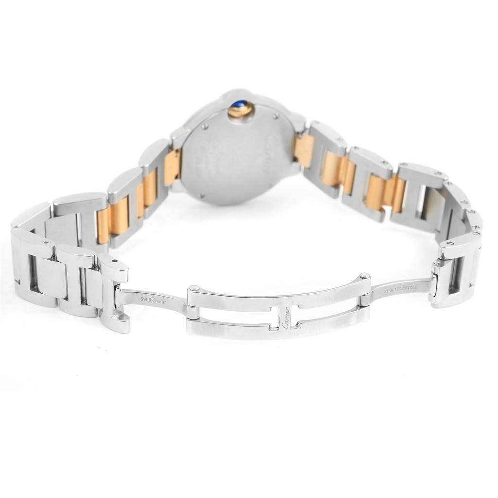 This image shows the back view of a Cartier Ballon Bleu W69007Z3 Women
s Stainless Steel Silver Dial W69007Z3 Women
s Stainless Steel Silver Dial watch, highlighting the clasp and bracelet.