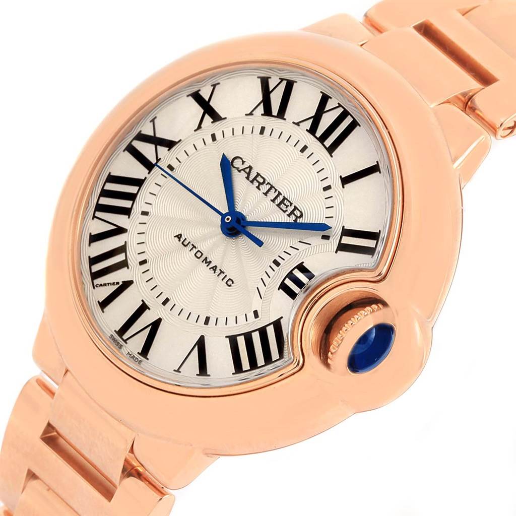The image shows a close-up angled view of the Cartier Ballon Bleu W6920096 Women's Rose Gold Silver Dial W6920096 Women's Rose Gold Silver Dial watch, highlighting the face, dial, and part of the bracelet.