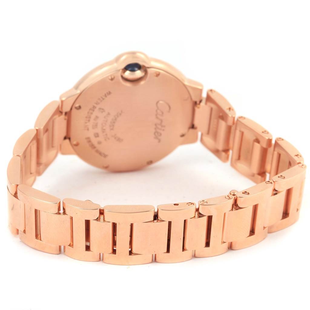 The image shows the back view of the Cartier Ballon Bleu W6920096 Women's Rose Gold Silver Dial W6920096 Women's Rose Gold Silver Dial watch, highlighting the bracelet and case back.