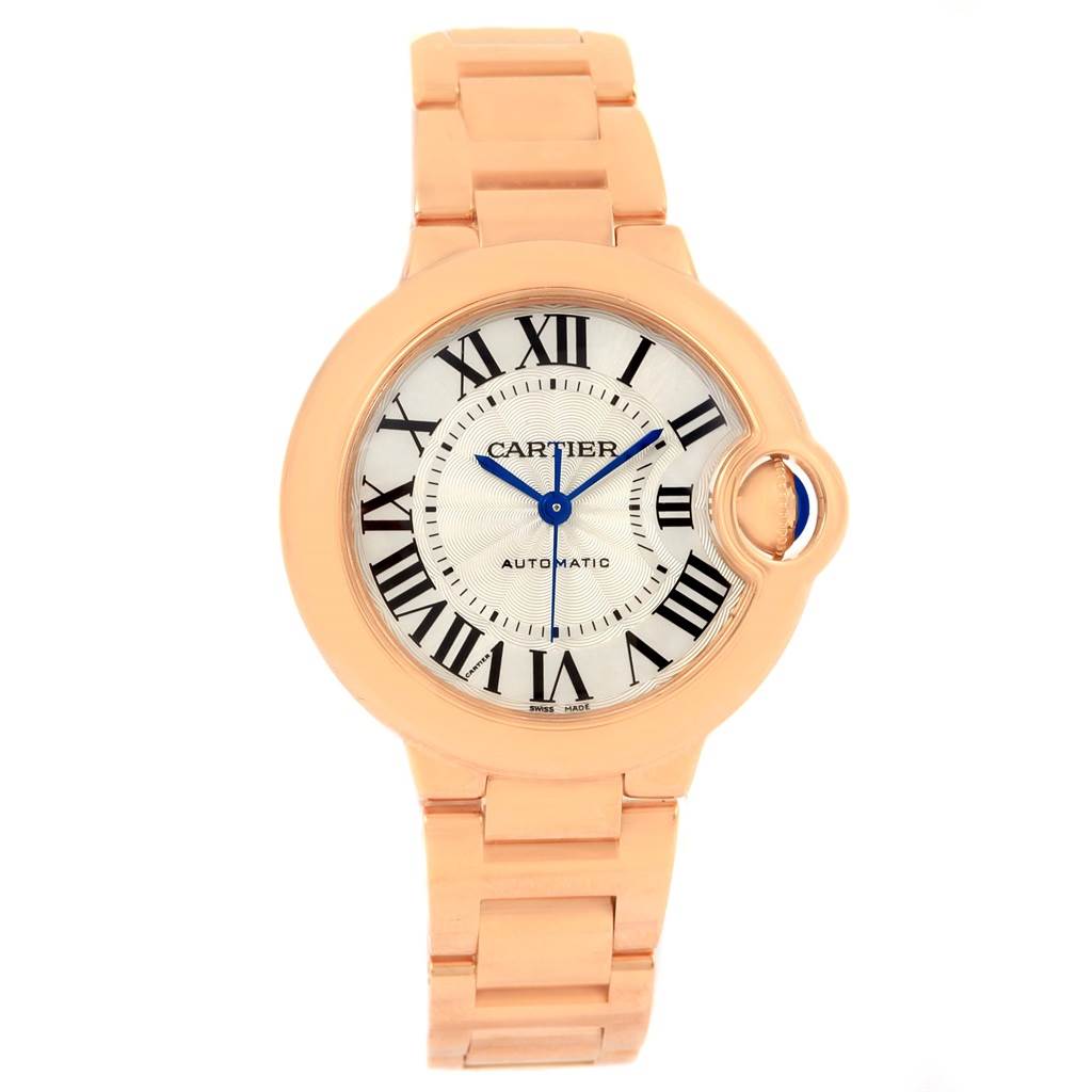 This image shows a front view of the Ballon Bleu model by Cartier, highlighting its face and bracelet.