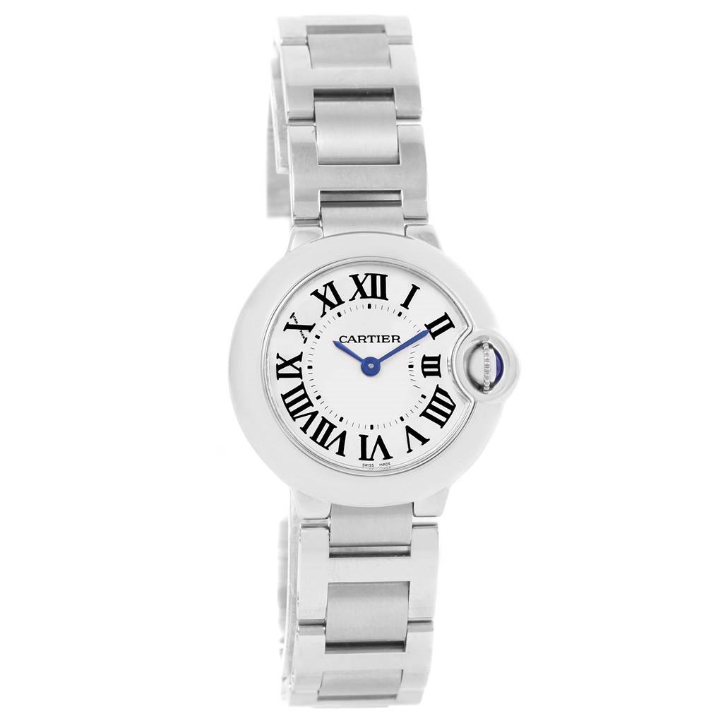 The image shows a full frontal view of a Cartier Ballon Bleu W69010Z4 Women
s Stainless Steel Silver Dial W69010Z4 Women
s Stainless Steel Silver Dial watch, displaying its face, case, and bracelet.