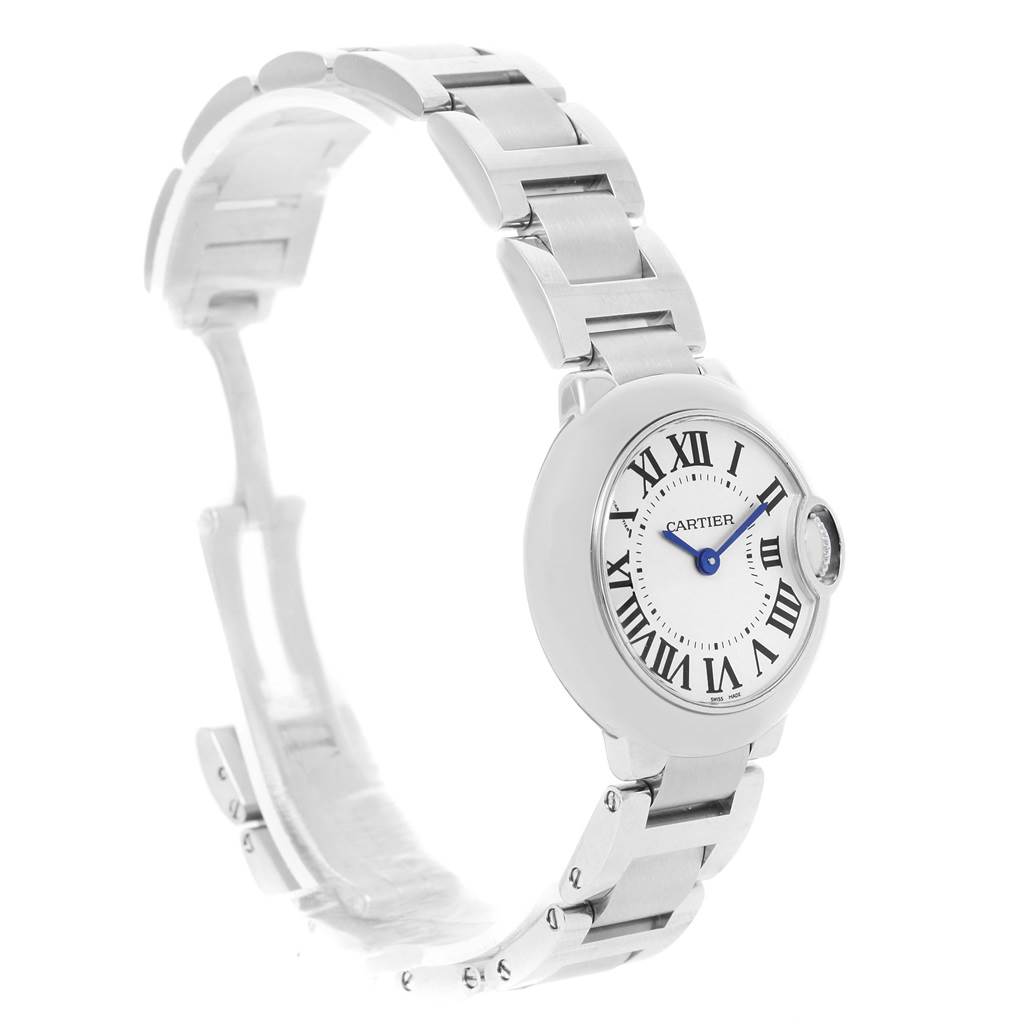 This image shows a Cartier Ballon Bleu W69010Z4 Women
s Stainless Steel Silver Dial W69010Z4 Women
s Stainless Steel Silver Dial watch from a side angle, highlighting the bracelet, dial, and crown.