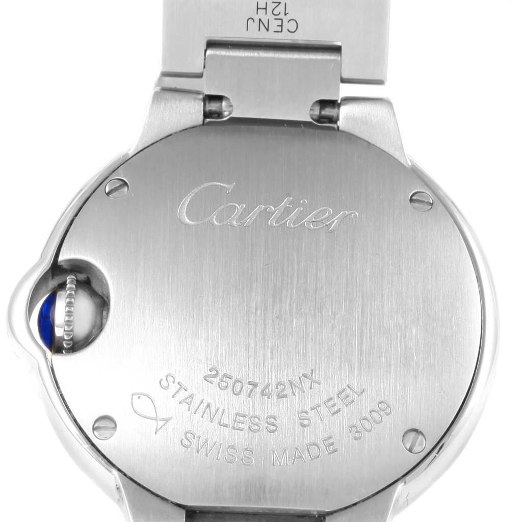 This image shows the back of a Cartier Ballon Bleu W69010Z4 Women
s Stainless Steel Silver Dial W69010Z4 Women
s Stainless Steel Silver Dial watch in stainless steel.