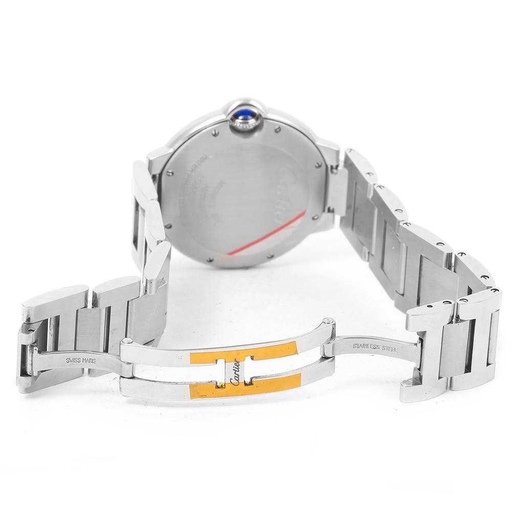 This image shows the back and open stainless steel bracelet of a Cartier Ballon Bleu W6920046 Women
s Stainless Steel Silver Dial W6920046 Women
s Stainless Steel Silver Dial watch.