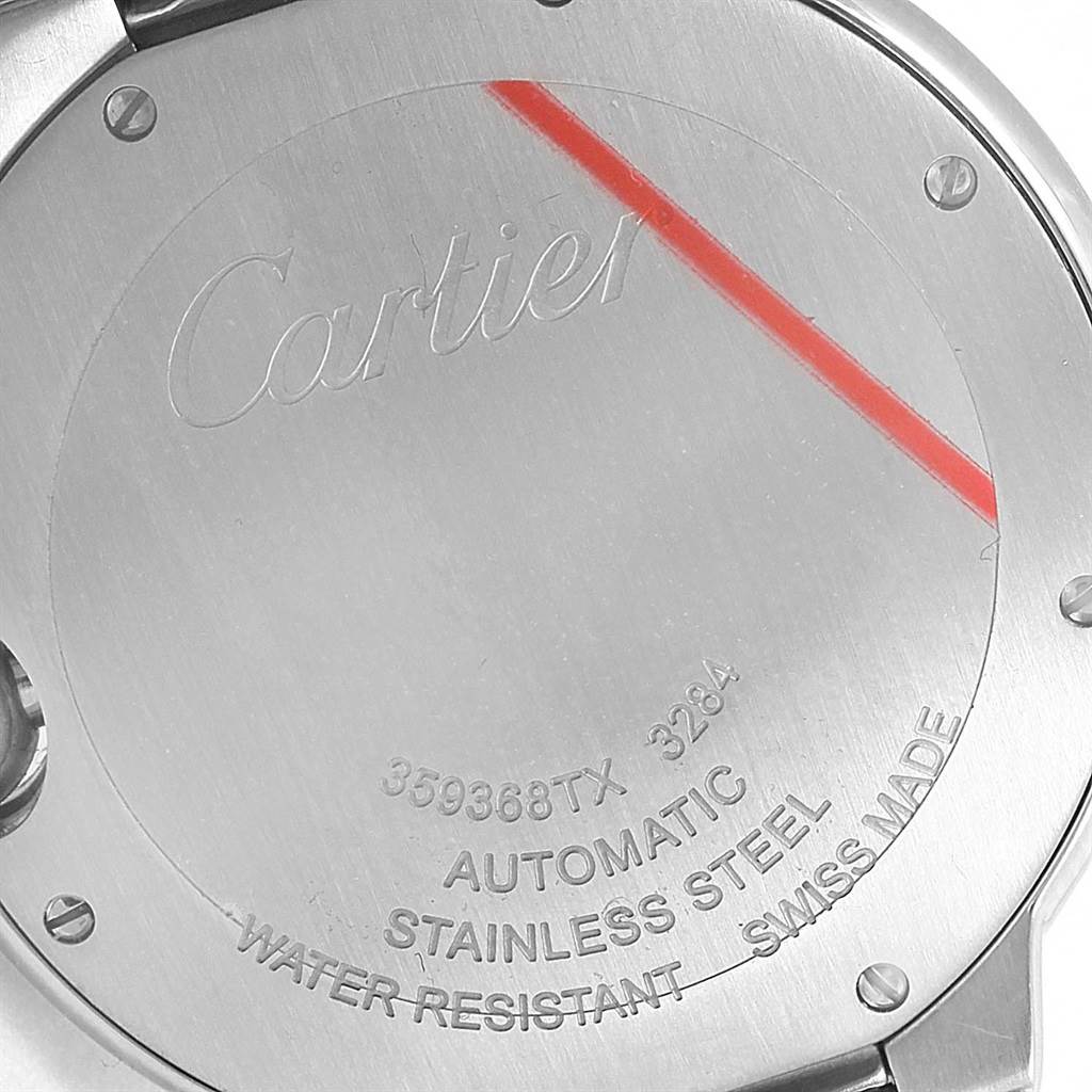 This image shows the case back of a Cartier Ballon Bleu W6920046 Women
s Stainless Steel Silver Dial W6920046 Women
s Stainless Steel Silver Dial watch, highlighting its engravings and markings.