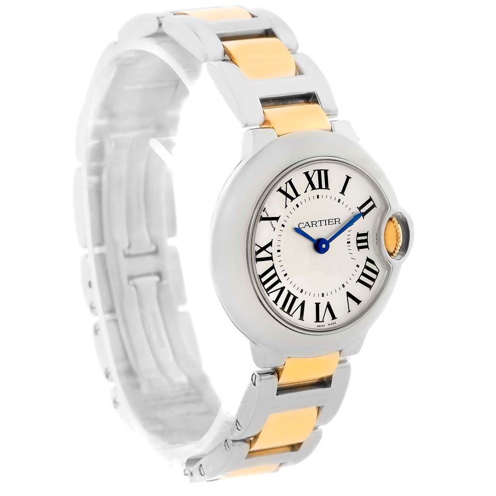 This image shows a side angle of a Cartier Ballon Bleu W69007Z3 Women
s Silver Dial W69007Z3 Women
s Silver Dial watch revealing its round face, blue hands, Roman numerals, and two-tone metal bracelet.