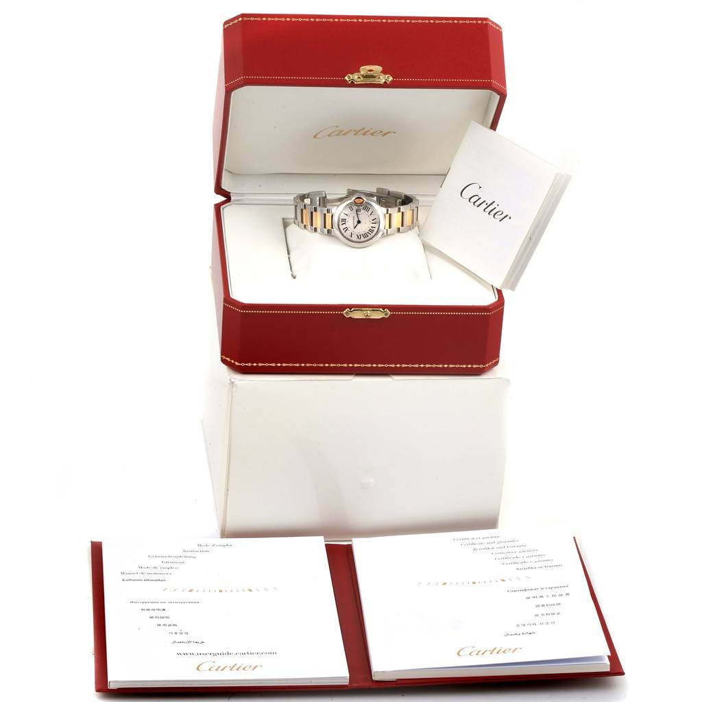 The Cartier Ballon Bleu W69007Z3 Women
s Silver Dial W69007Z3 Women
s Silver Dial watch is displayed front-on in its box with accompanying documentation.