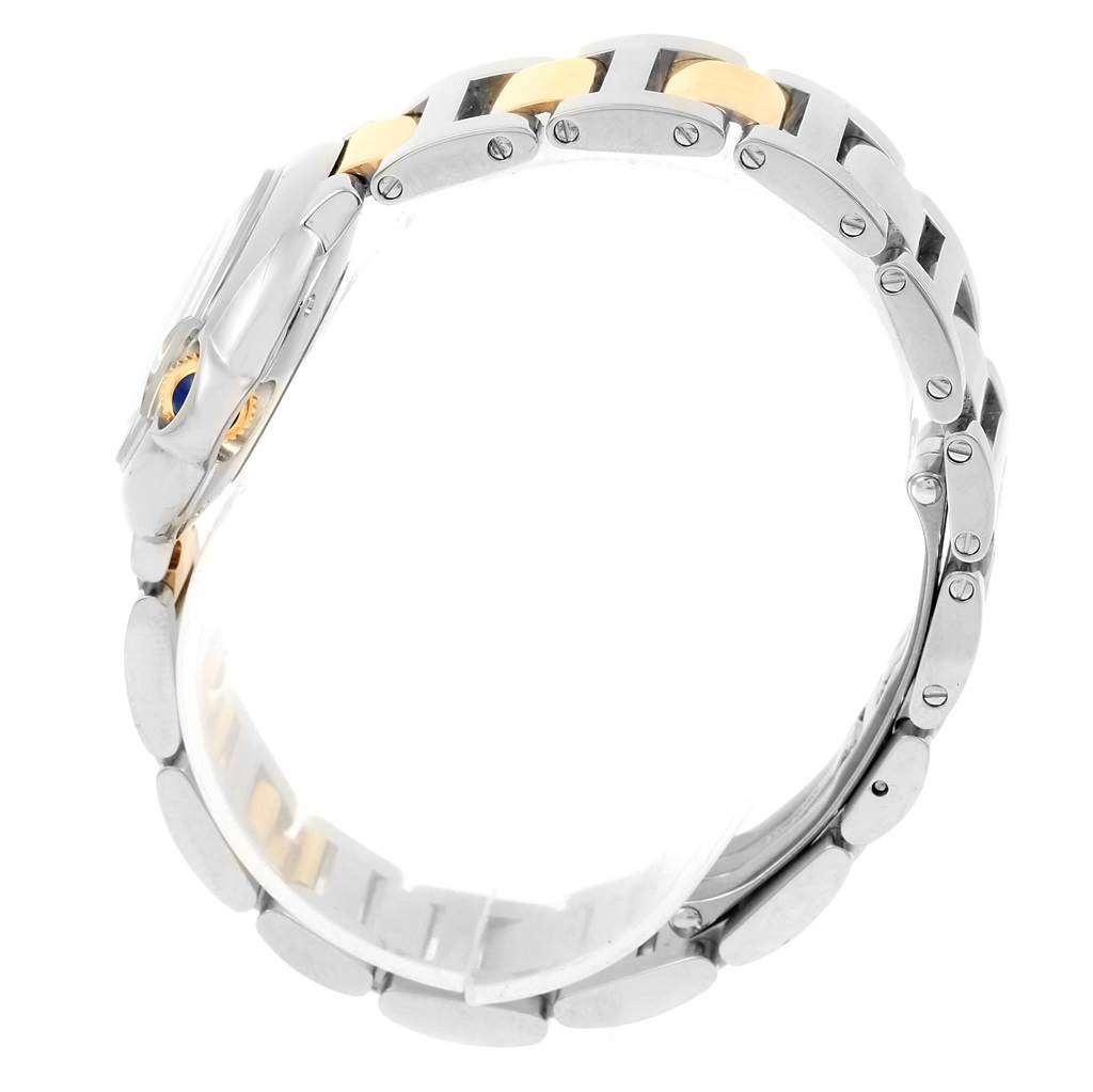 The image shows a side view of the Cartier Ballon Bleu W69007Z3 Women
s Silver Dial W69007Z3 Women
s Silver Dial watch, highlighting the bracelet with mixed metal links.