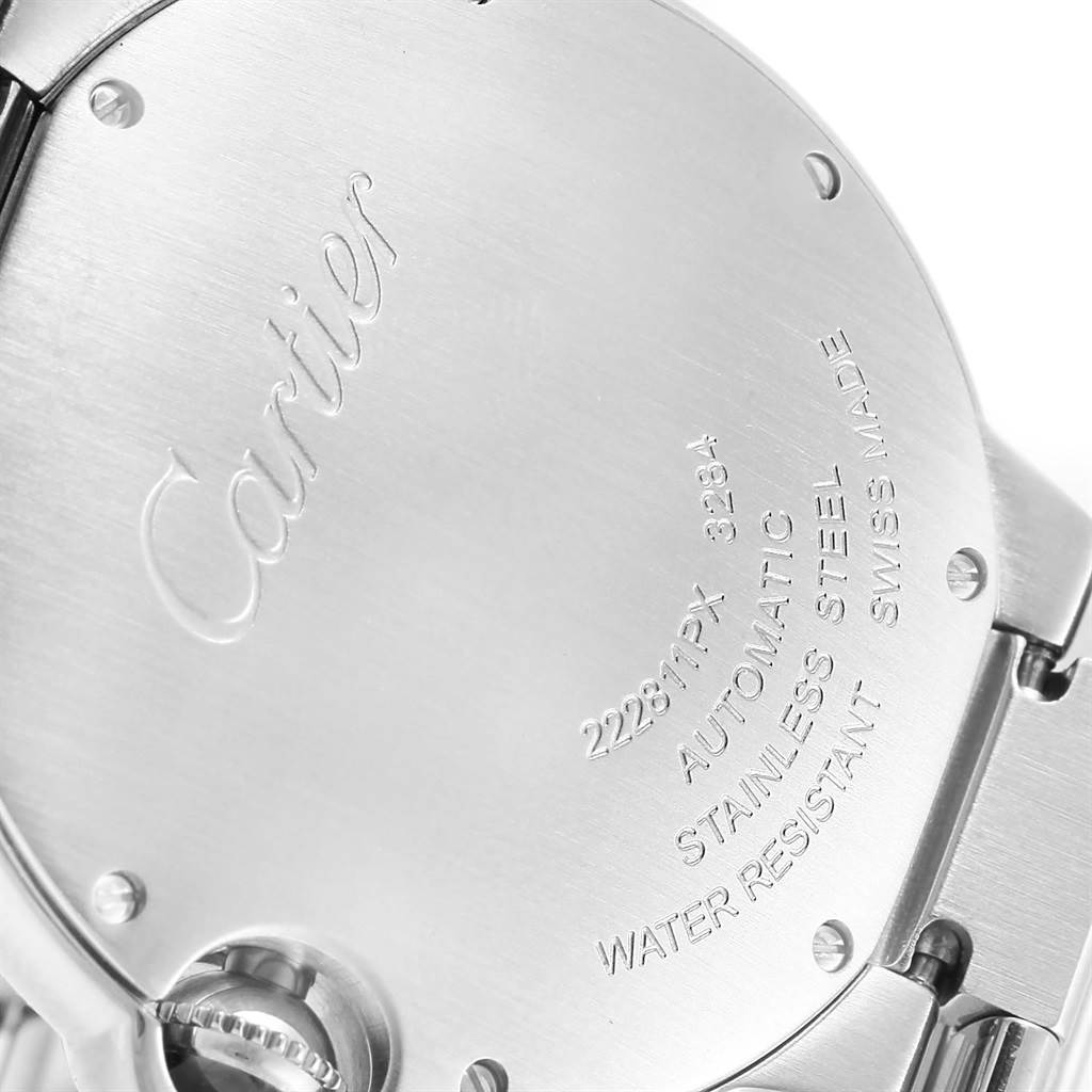 The image shows the back case of a Cartier Ballon Bleu W6920046 Women
s Stainless Steel Silver Dial W6920046 Women
s Stainless Steel Silver Dial watch, displaying the brand name, model details, and specifications.