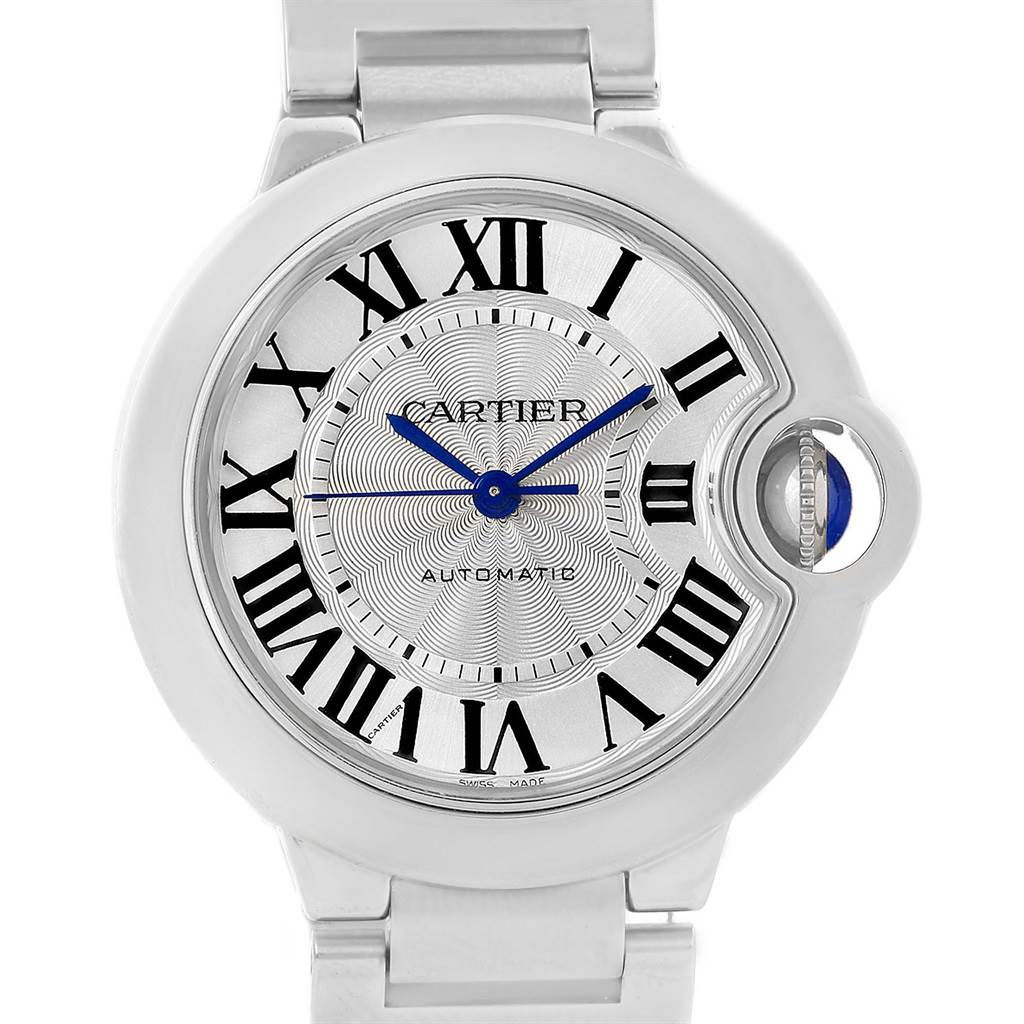 This image shows a front view of a Cartier Ballon Bleu W6920046 Women
s Stainless Steel Silver Dial W6920046 Women
s Stainless Steel Silver Dial watch, highlighting the face, Roman numerals, and blue hands.