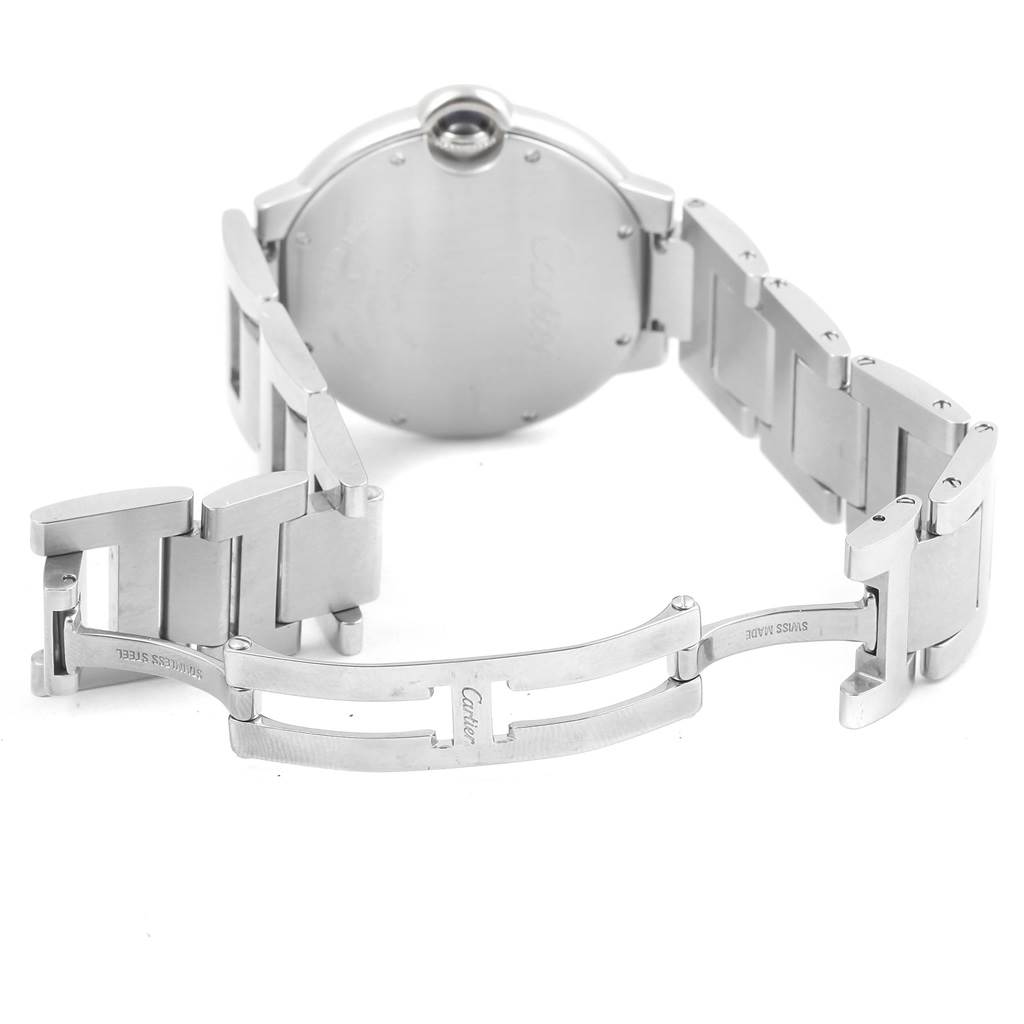 The image shows the back and open bracelet of a Cartier Ballon Bleu W6920046 Women
s Stainless Steel Silver Dial W6920046 Women
s Stainless Steel Silver Dial watch, highlighting its stainless steel clasp and links.