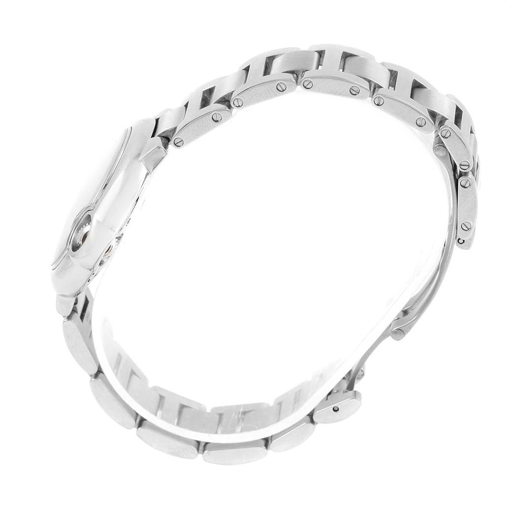 This image shows a side profile view of the Cartier Ballon Bleu W6920071 Women
s Stainless Steel Silver Dial W6920071 Women
s Stainless Steel Silver Dial watch, focusing on the bracelet and casing.