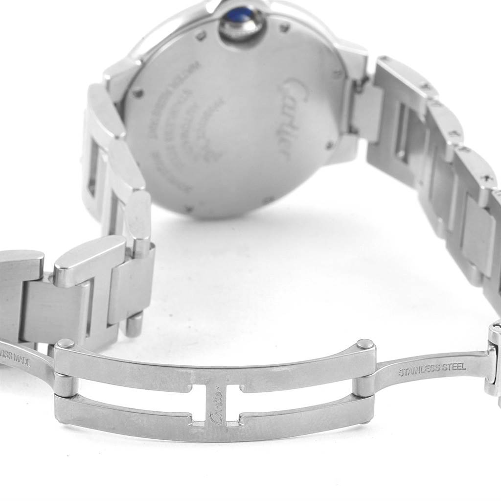 The image shows the back and clasp of a Cartier Ballon Bleu W6920071 Women
s Stainless Steel Silver Dial W6920071 Women
s Stainless Steel Silver Dial watch, with part of the stainless steel bracelet visible.