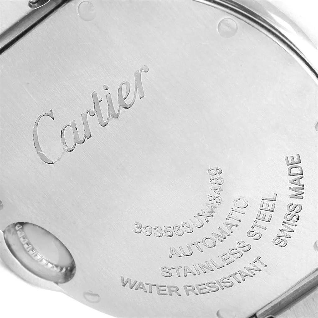 The image shows the back case of a Cartier Ballon Bleu W6920071 Women
s Stainless Steel Silver Dial W6920071 Women
s Stainless Steel Silver Dial watch, displaying engravings for model number, brand, and materials.