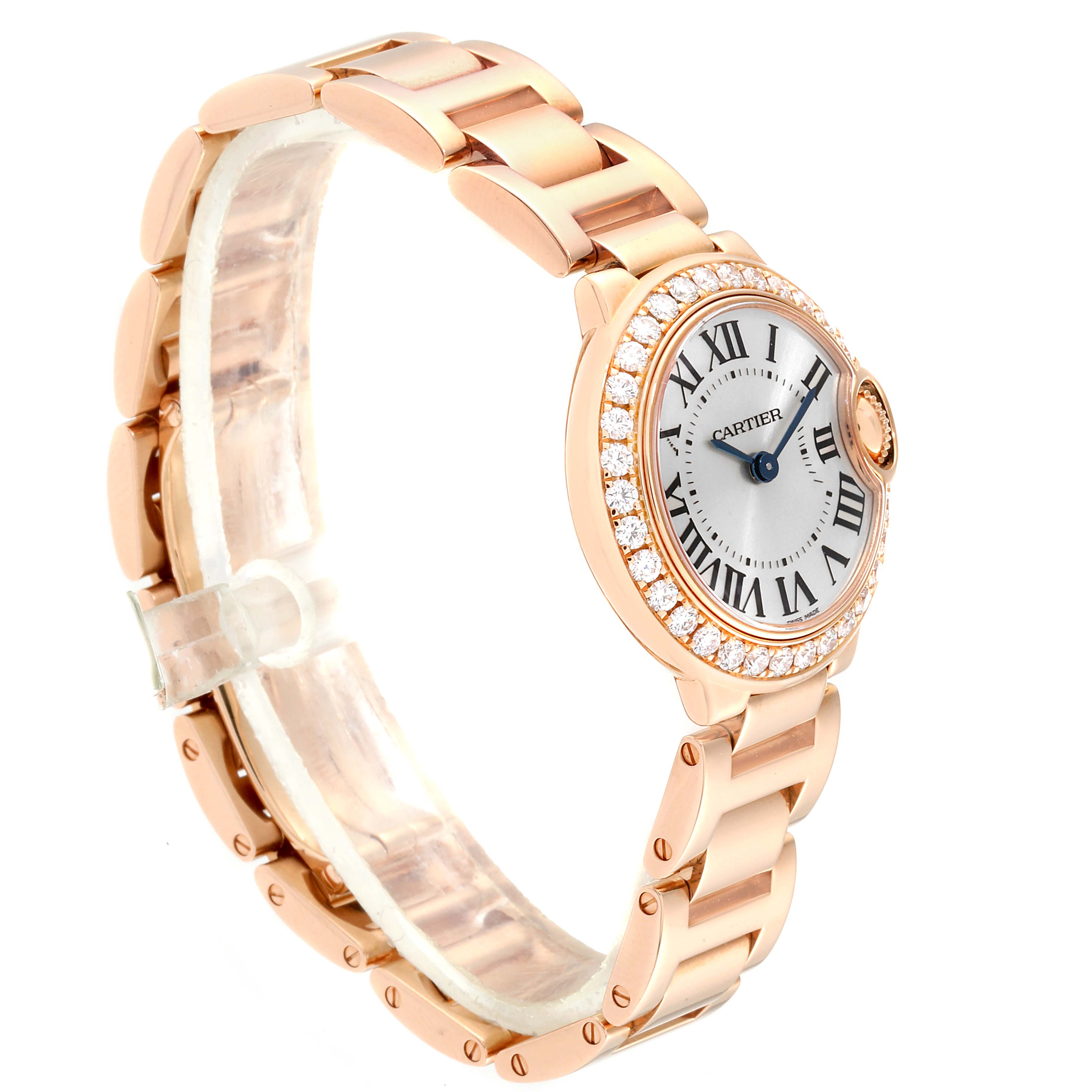 The image shows a side and front angle of a Cartier Ballon Bleu WE9002Z3 Women's Rose Gold Silver Dial WE9002Z3 Women's Rose Gold Silver Dial watch, highlighting its rose gold bracelet and diamond-studded bezel.