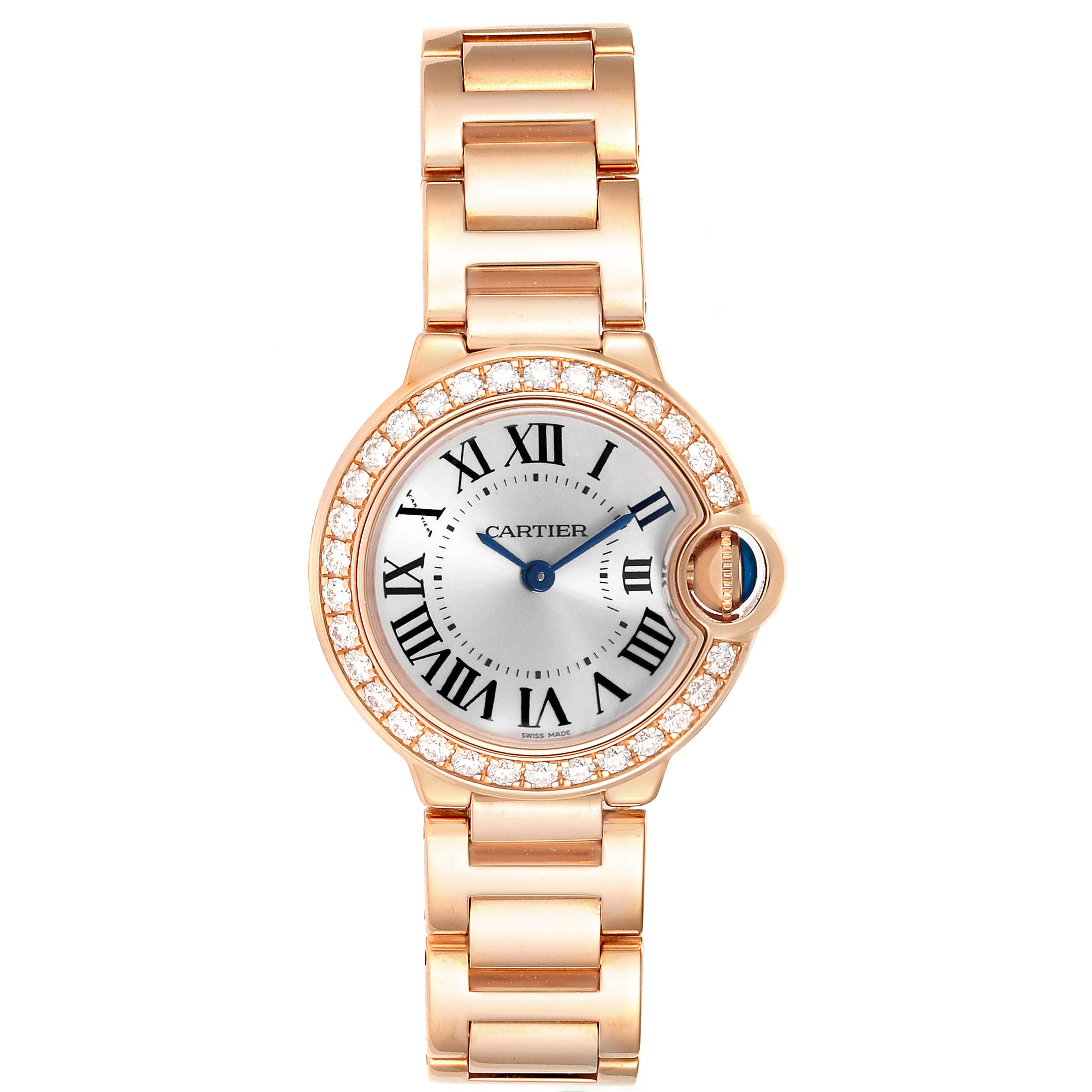 The Ballon Bleu de Cartier watch is shown from the front, displaying its face, bezel, and bracelet.