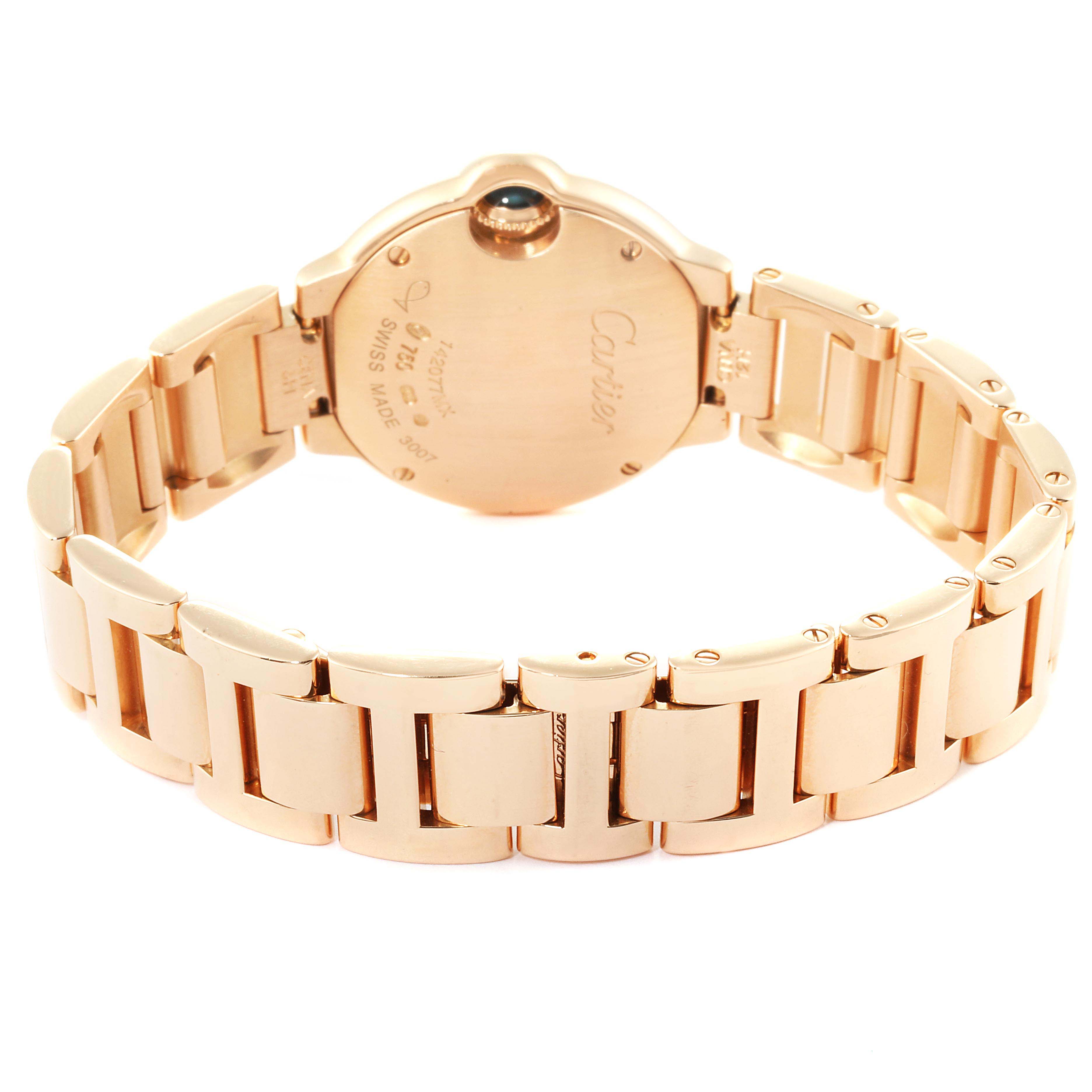 Rear view of a Cartier Ballon Bleu WE9002Z3 Women's Rose Gold Silver Dial WE9002Z3 Women's Rose Gold Silver Dial watch displaying the back case and bracelet.