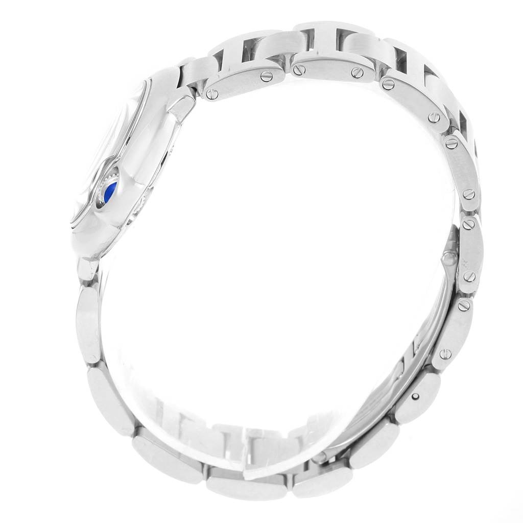 This image shows the Ballon Bleu model by Cartier from a side angle, highlighting the watch case and the bracelet.