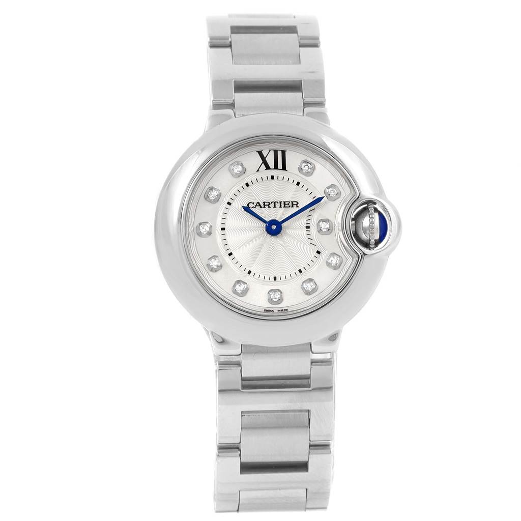 This image shows a Ballon Bleu model watch by Cartier from a front angle, displaying the face and bracelet.