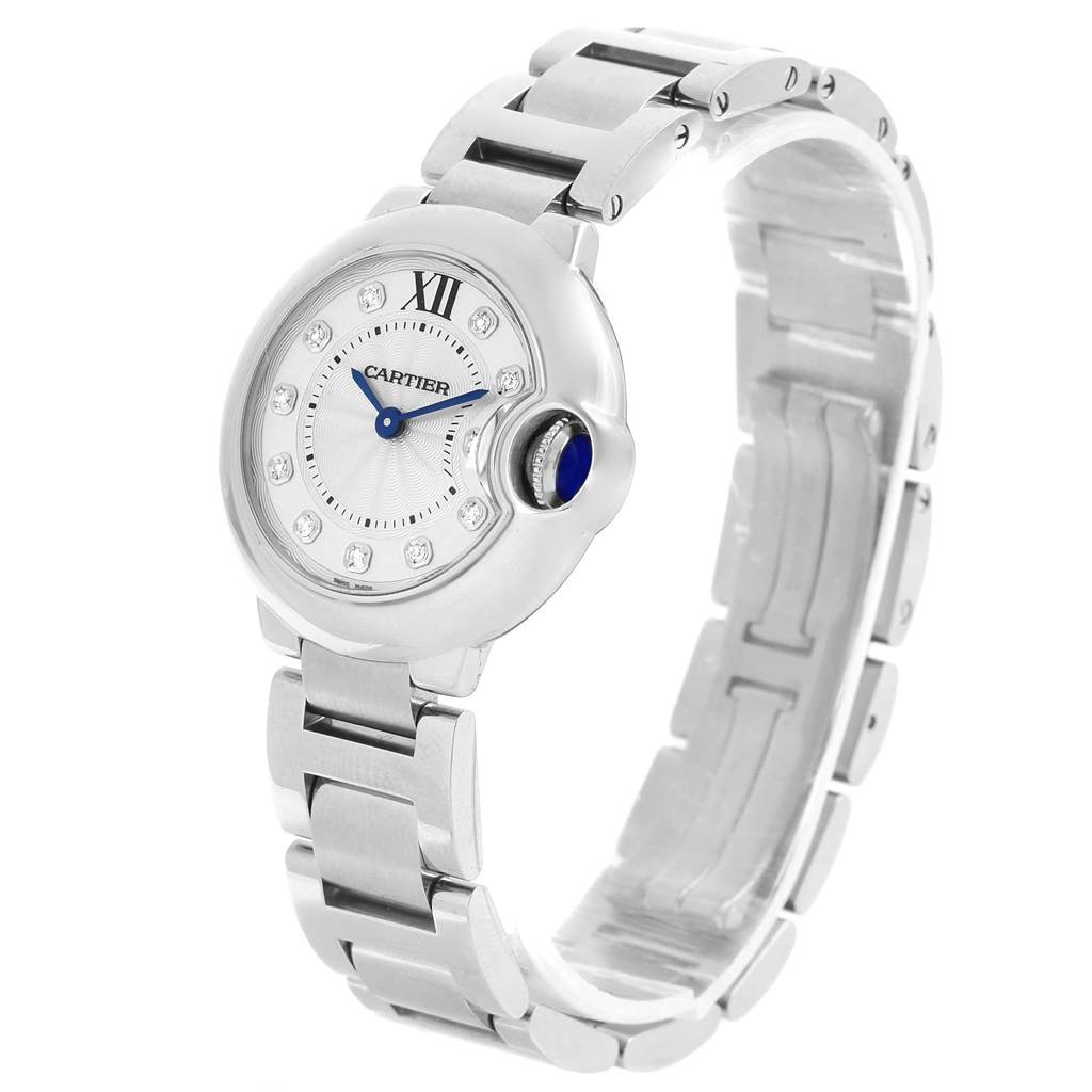 This image shows a Ballon Bleu de Cartier watch facing towards the top left, displaying the face, crown, and band.